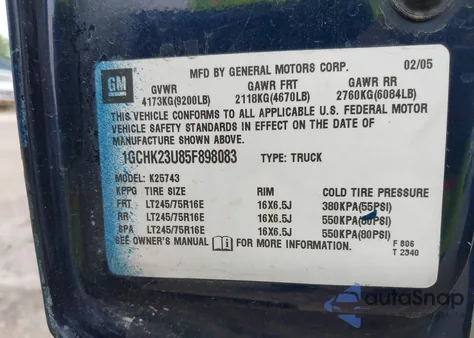 2005 Chevrolet Silverado 2500Hd Lt from USA, damaged, VIN 1GCHK23U85F898083